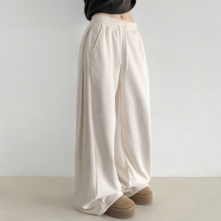 히버 니트 사이드 핀턱 와이드 기모 밴딩 트레이닝 팬츠 아이보리