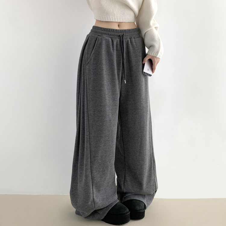 히버 니트 사이드 핀턱 와이드 기모 밴딩 트레이닝 팬츠 그레이