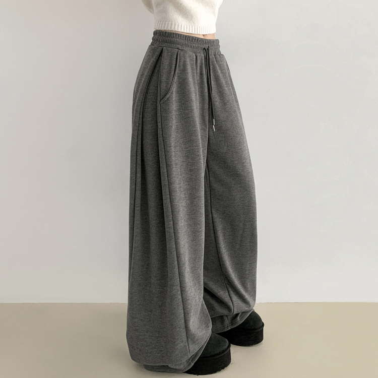 히버 니트 사이드 핀턱 와이드 기모 밴딩 트레이닝 팬츠 그레이