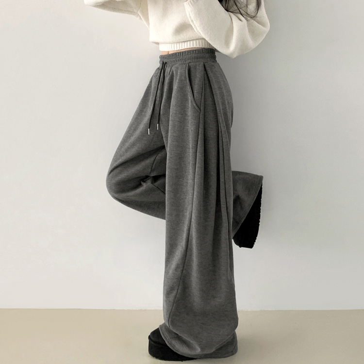 히버 니트 사이드 핀턱 와이드 기모 밴딩 트레이닝 팬츠 그레이