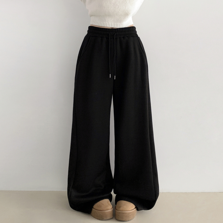 히버 니트 사이드 핀턱 와이드 기모 밴딩 트레이닝 팬츠 블랙