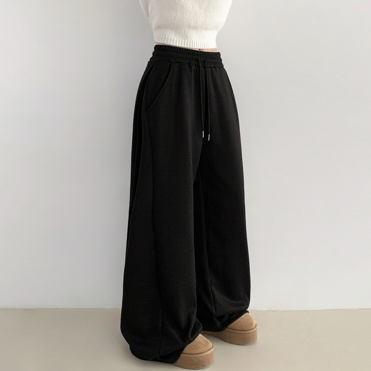 히버 니트 사이드 핀턱 와이드 기모 밴딩 트레이닝 팬츠 블랙