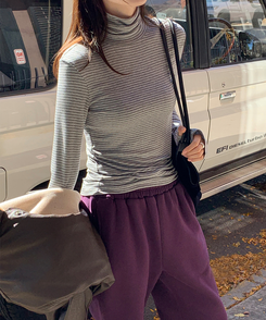 ストライプタートルネックTシャツ GREY