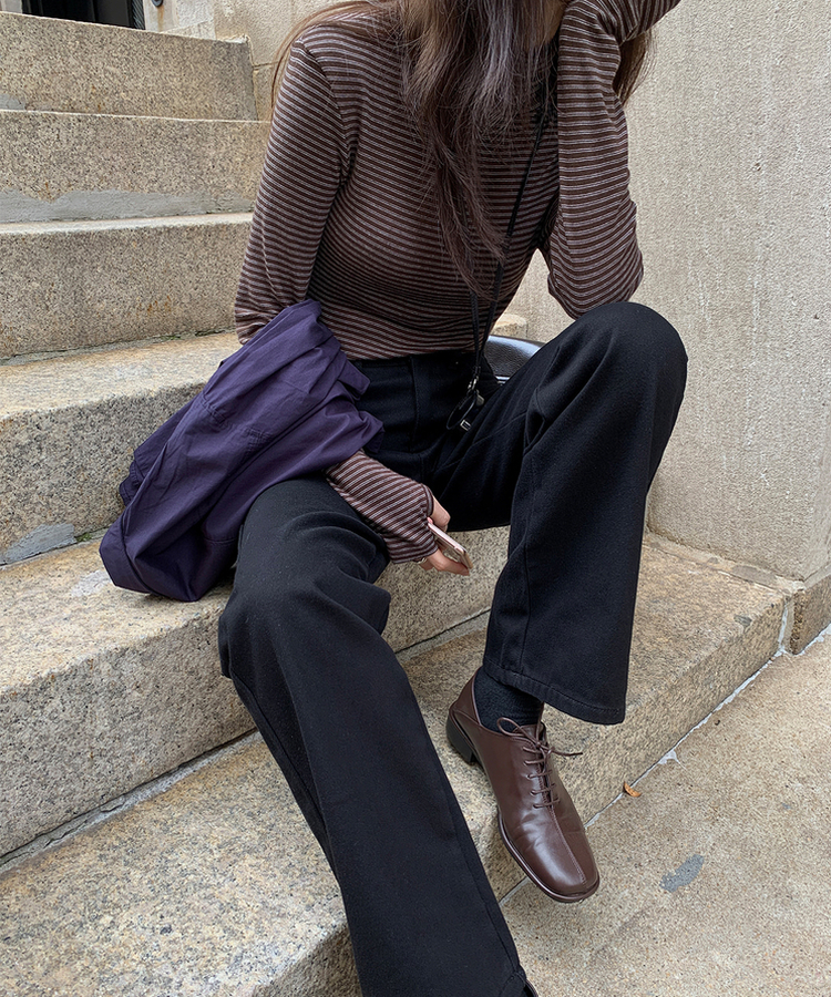 ストライプタートルネックTシャツ BROWN