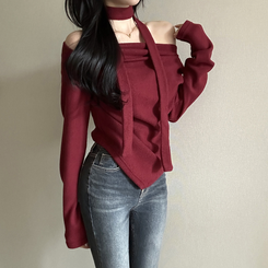 【タイ付き】ドレープオープンニット WINE