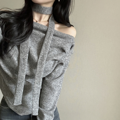 【タイ付き】ドレープオープンニット GREY