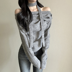 【タイ付き】ドレープオープンニット GREY