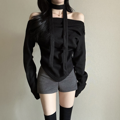 【タイ付き】ドレープオープンニット BLACK