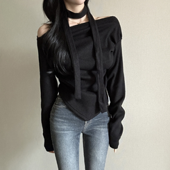 【タイ付き】ドレープオープンニット BLACK