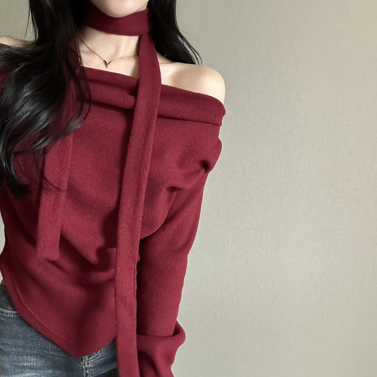 【タイ付き】ドレープオープンニット WINE