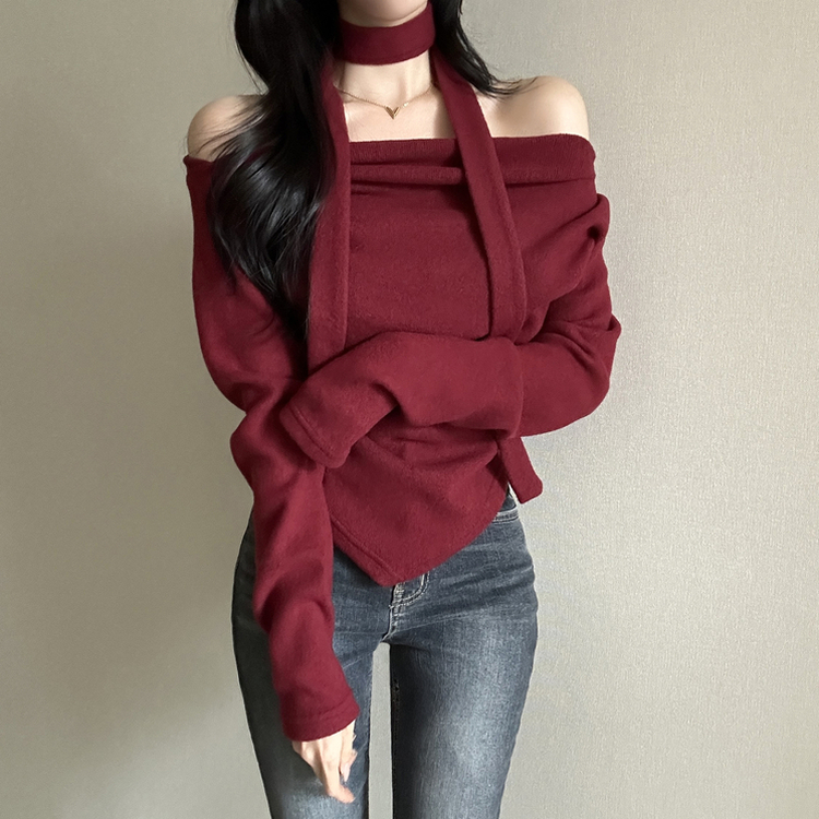 【タイ付き】ドレープオープンニット WINE