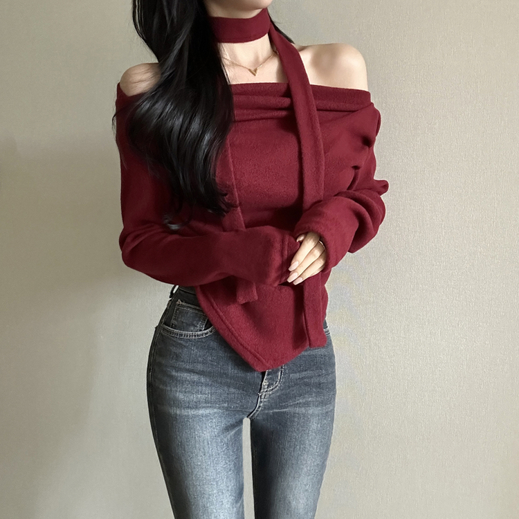 【タイ付き】ドレープオープンニット WINE