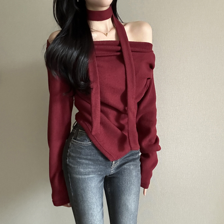 【タイ付き】ドレープオープンニット WINE