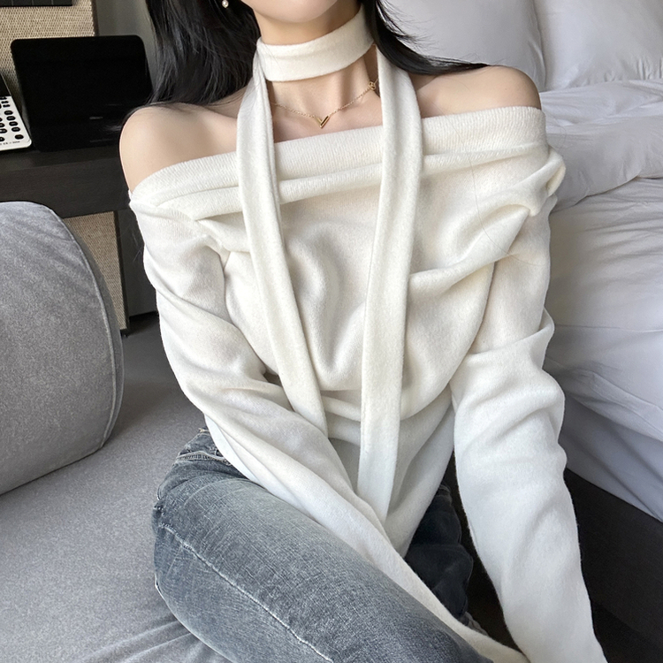 【タイ付き】ドレープオープンニット IVORY