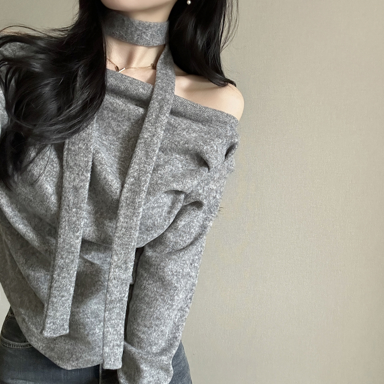 【タイ付き】ドレープオープンニット GREY