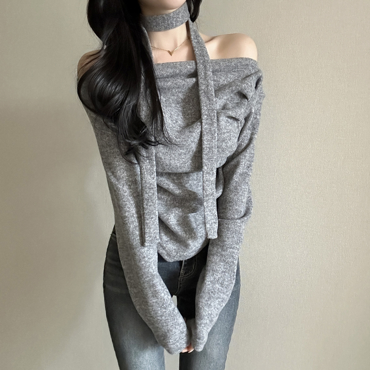 【タイ付き】ドレープオープンニット GREY