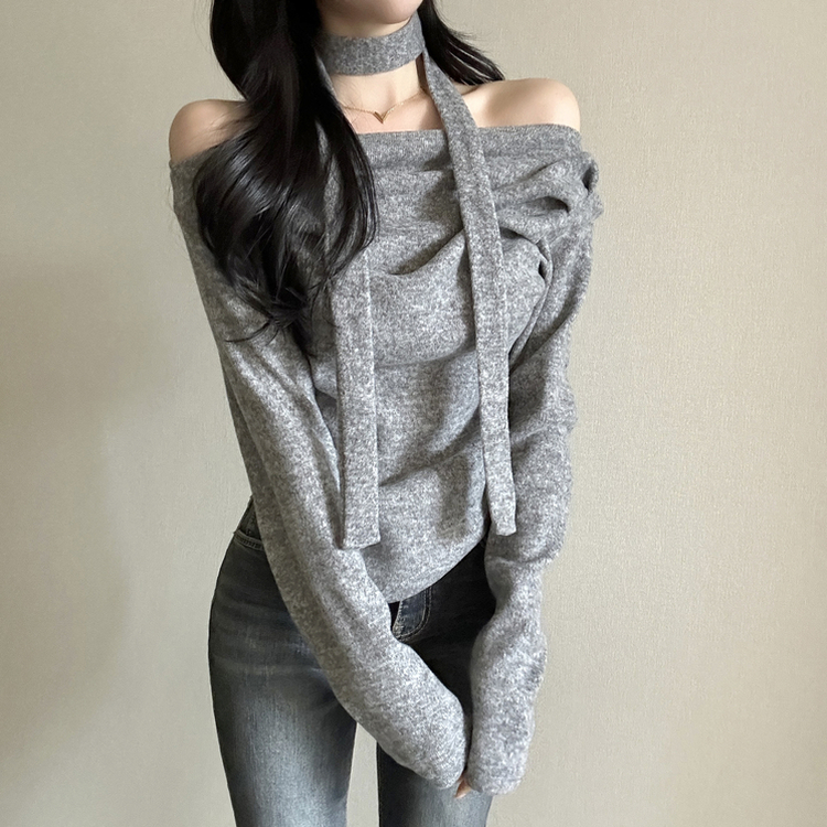 【タイ付き】ドレープオープンニット GREY