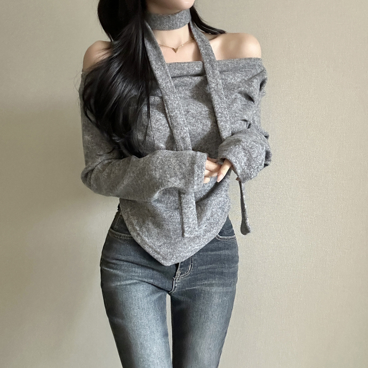 【タイ付き】ドレープオープンニット GREY