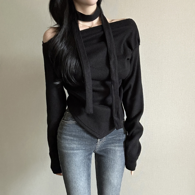 【タイ付き】ドレープオープンニット BLACK