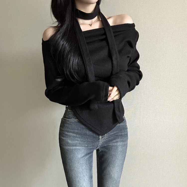 【タイ付き】ドレープオープンニット BLACK