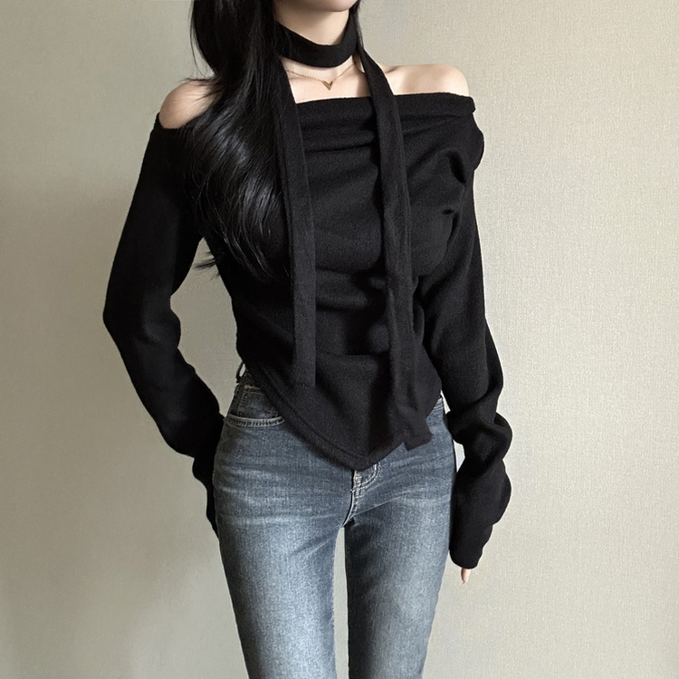 【タイ付き】ドレープオープンニット BLACK