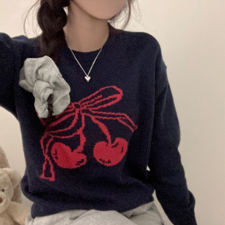 체리베리 라운드넥 루즈핏 니트 네이비