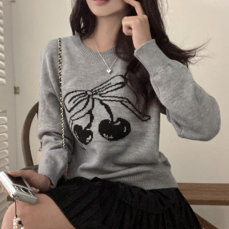 체리베리 라운드넥 루즈핏 니트 그레이