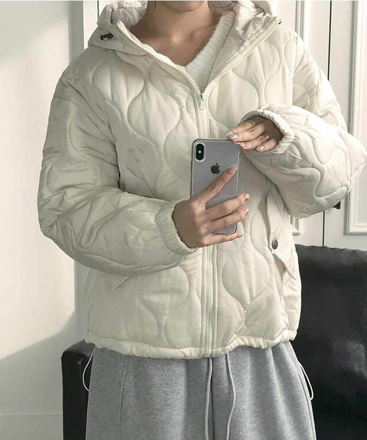 에타 깔깔이 항아리 하프넥 후드 패딩 밑단스트링 아방핏 루즈핏 포켓 후드스트링 데일리 겨울패딩 아이보리