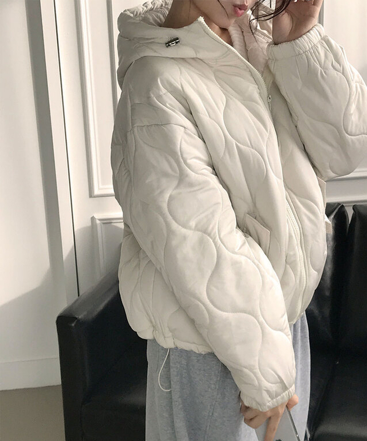 에타 깔깔이 항아리 하프넥 후드 패딩 밑단스트링 아방핏 루즈핏 포켓 후드스트링 데일리 겨울패딩 아이보리