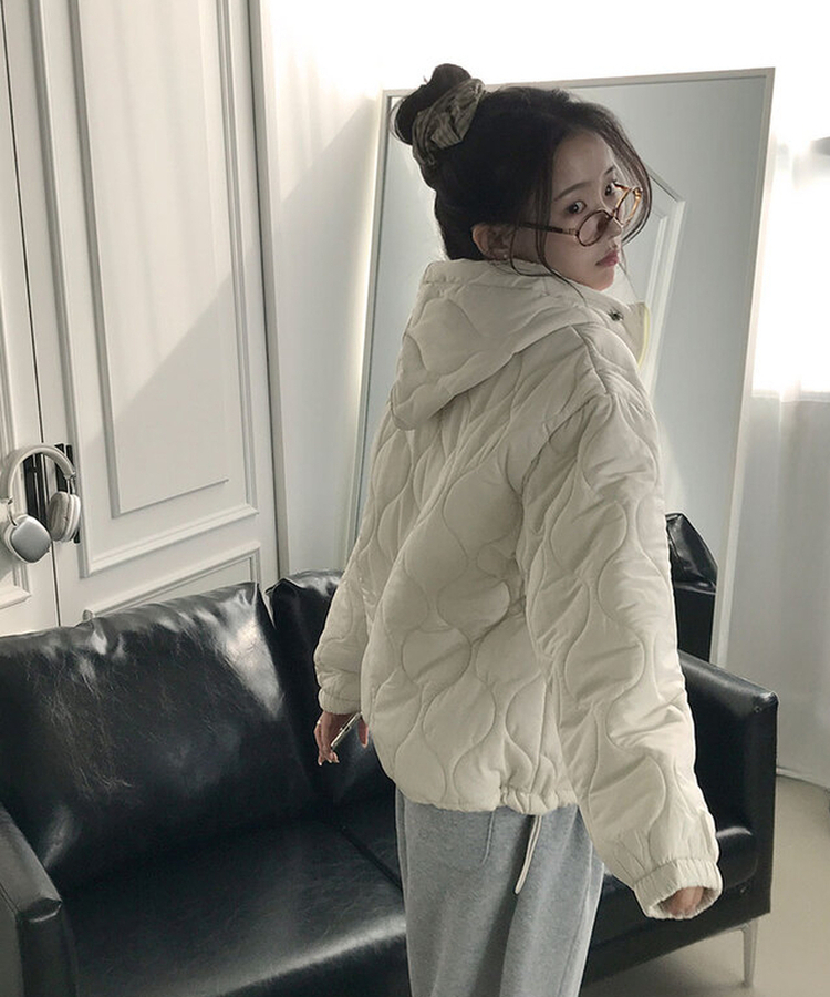 에타 깔깔이 항아리 하프넥 후드 패딩 밑단스트링 아방핏 루즈핏 포켓 후드스트링 데일리 겨울패딩 아이보리