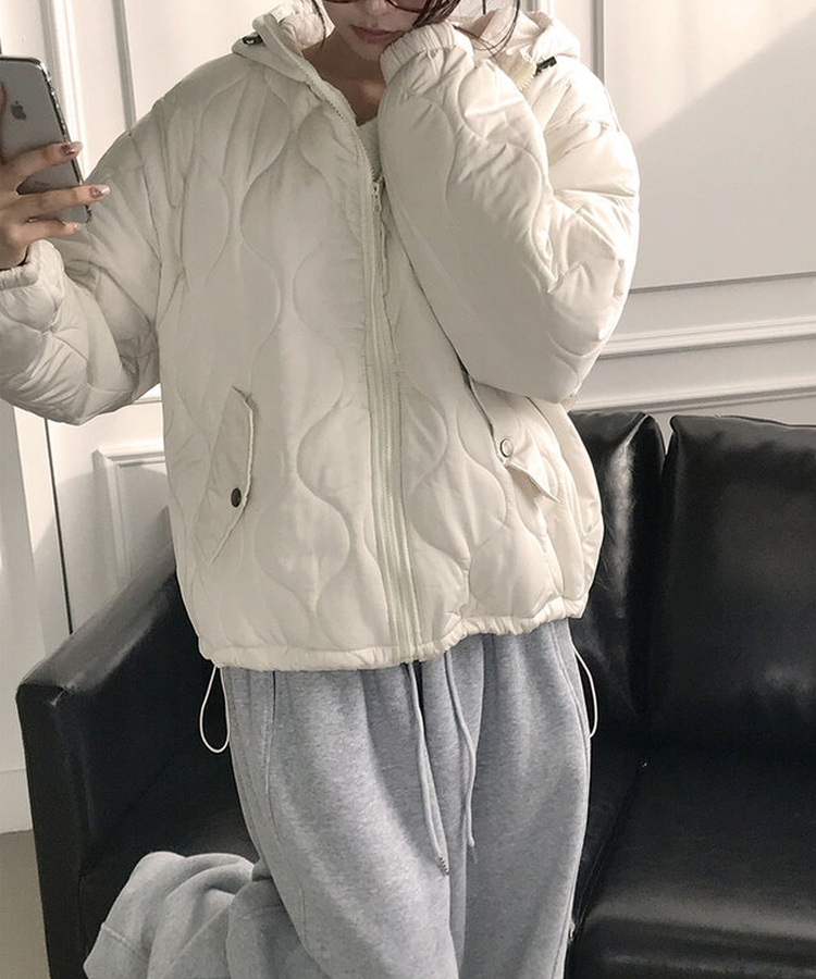 에타 깔깔이 항아리 하프넥 후드 패딩 밑단스트링 아방핏 루즈핏 포켓 후드스트링 데일리 겨울패딩 아이보리