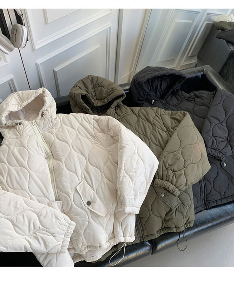 에타 깔깔이 항아리 하프넥 후드 패딩 밑단스트링 아방핏 루즈핏 포켓 후드스트링 데일리 겨울패딩