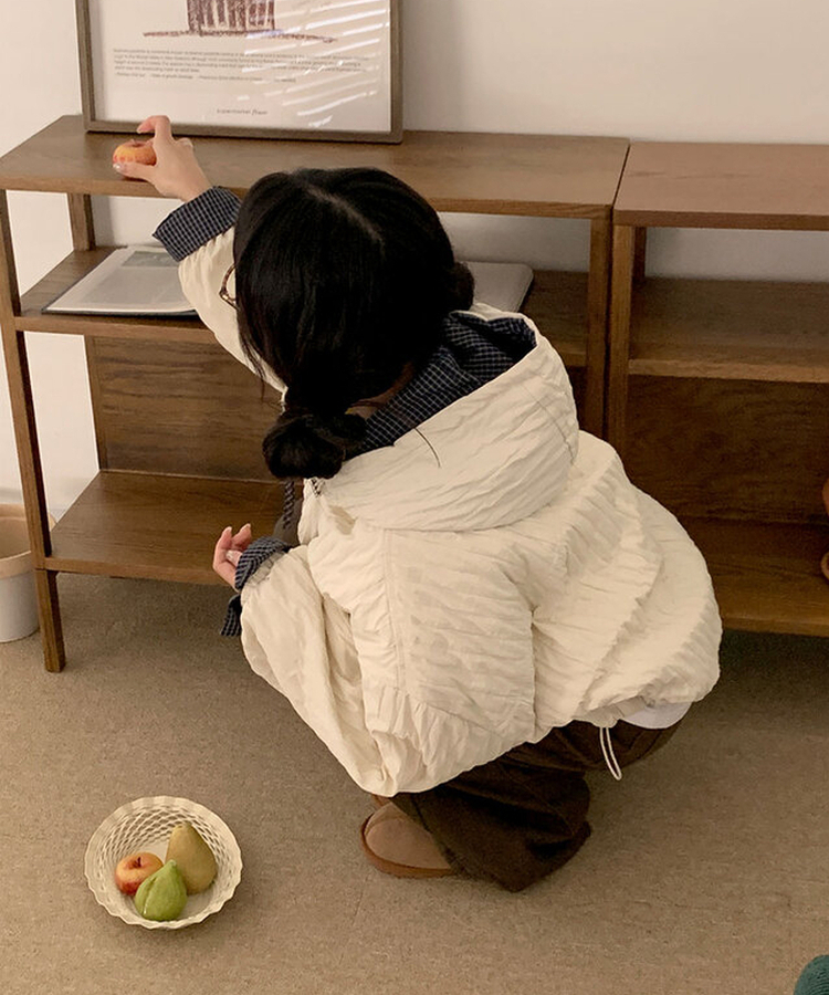 호시 퀄팅 참팬던트 체크배색 후드 패딩 아이보리