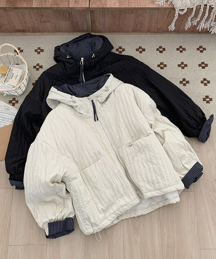 호시 퀄팅 참팬던트 체크배색 후드 패딩