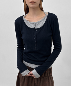 ボタンレイヤード長袖Tシャツ NAVY