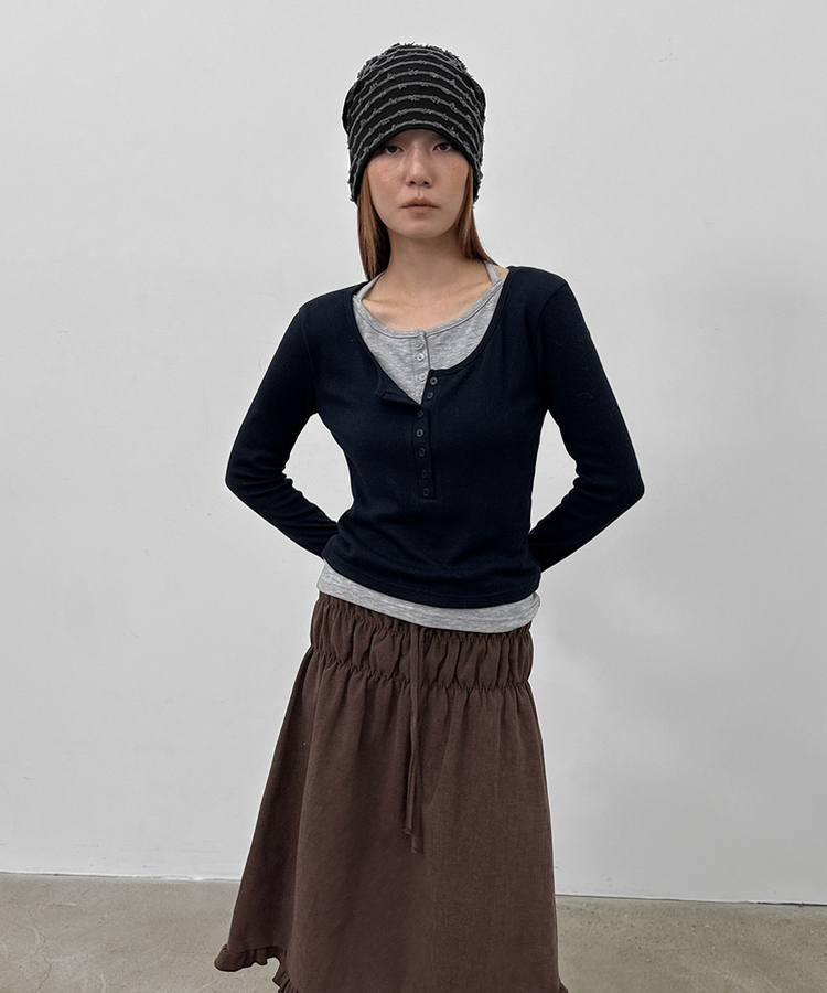 ボタンレイヤード長袖Tシャツ NAVY