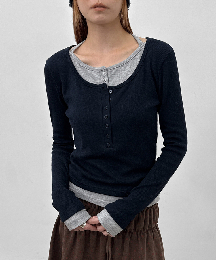 ボタンレイヤード長袖Tシャツ NAVY