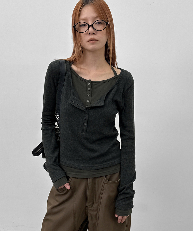 ボタンレイヤード長袖Tシャツ CHARCOAL