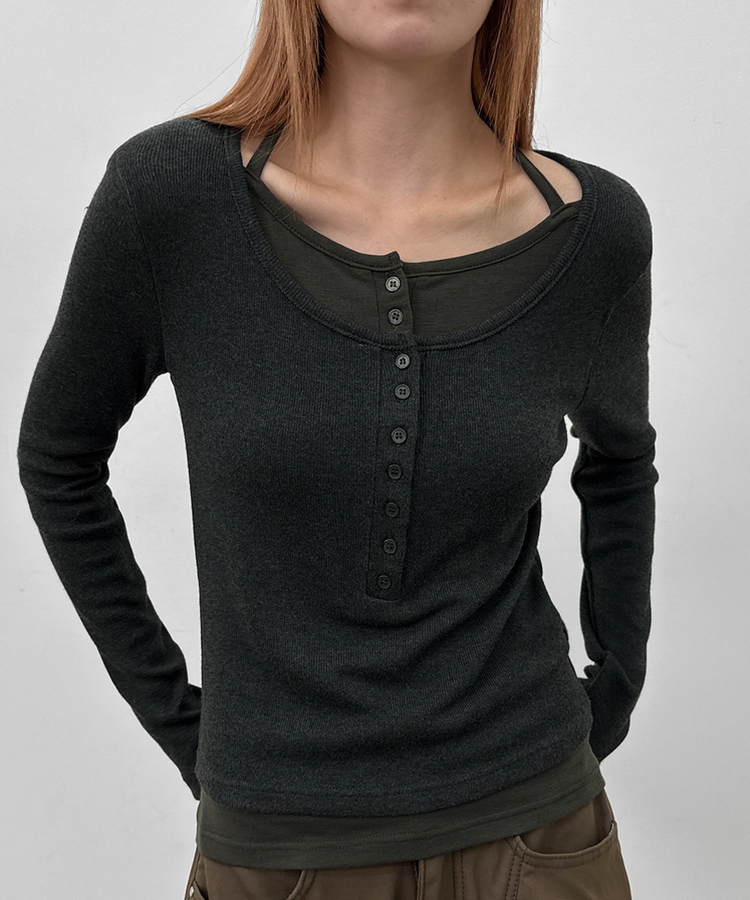 ボタンレイヤード長袖Tシャツ CHARCOAL