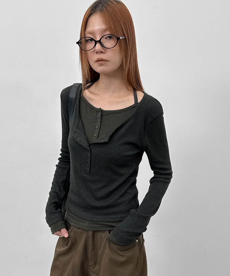 ボタンレイヤード長袖Tシャツ CHARCOAL