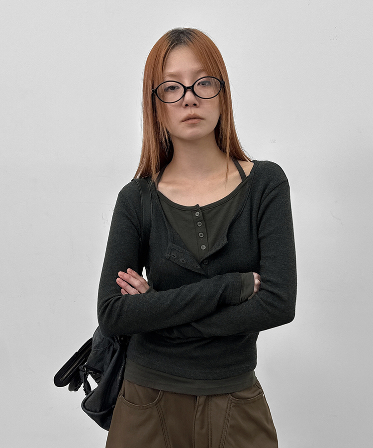 ボタンレイヤード長袖Tシャツ CHARCOAL