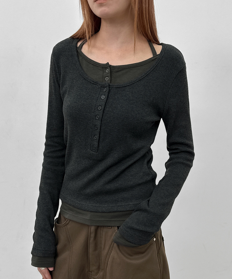 ボタンレイヤード長袖Tシャツ CHARCOAL