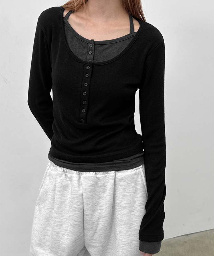 ボタンレイヤード長袖Tシャツ BLACK