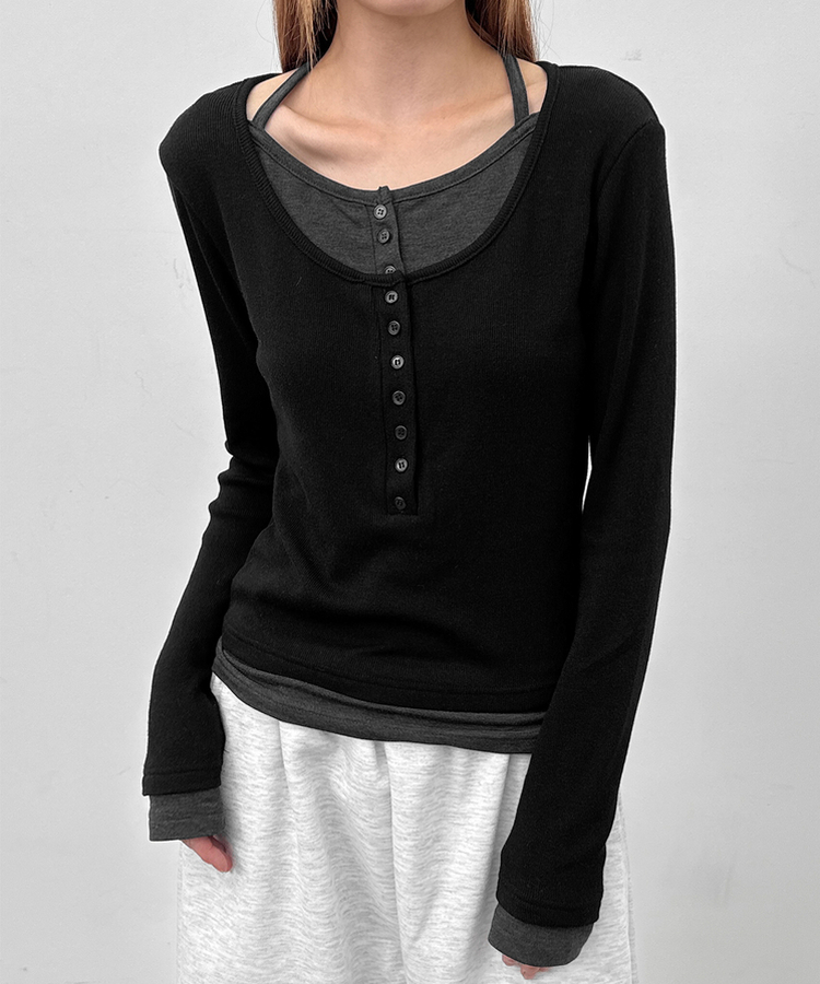 ボタンレイヤード長袖Tシャツ BLACK