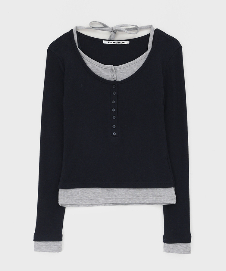 ボタンレイヤード長袖Tシャツ