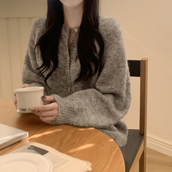 모헤어 오트밀 보카시 아방핏 라운드 데일리 겨울 가디건 그레이