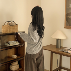 모헤어 오트밀 보카시 아방핏 라운드 데일리 겨울 가디건 그레이