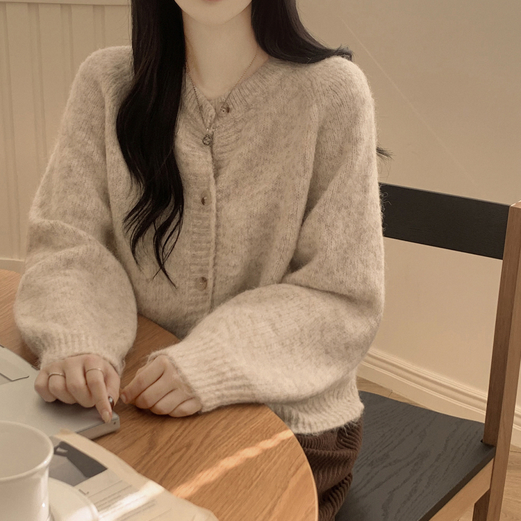 모헤어 오트밀 보카시 아방핏 라운드 데일리 겨울 가디건 오트밀