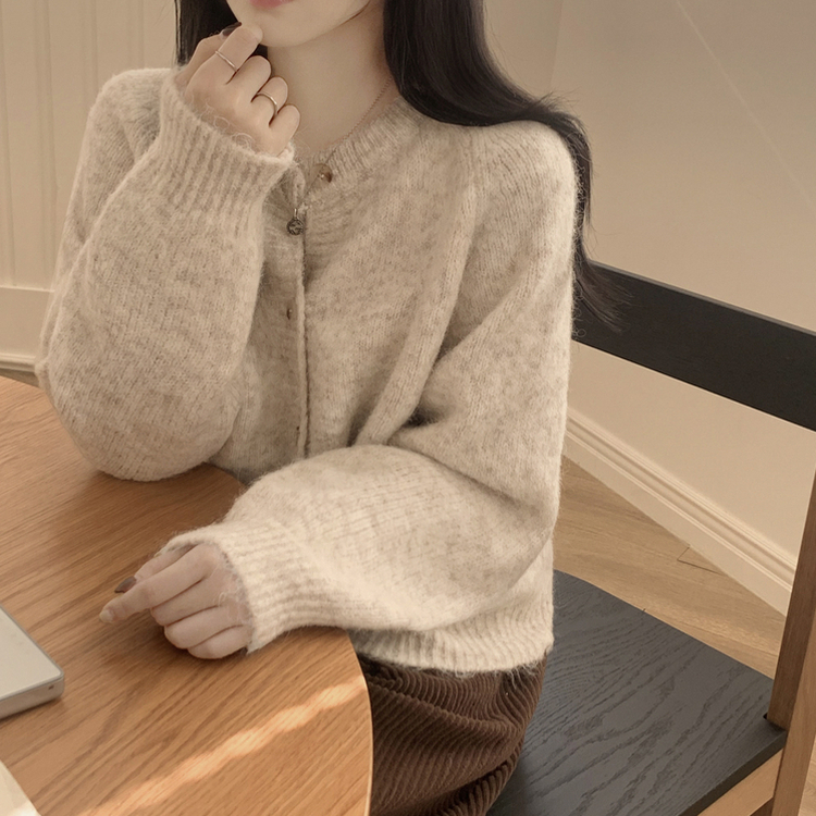 모헤어 오트밀 보카시 아방핏 라운드 데일리 겨울 가디건 오트밀