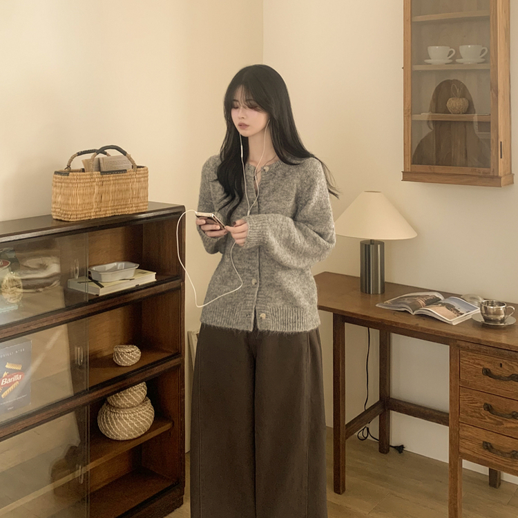 모헤어 오트밀 보카시 아방핏 라운드 데일리 겨울 가디건 그레이